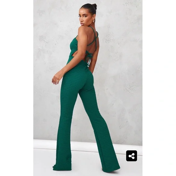 Pretty Little Thing Emerald Green Textured V Bar Lace Back Flared Jumpsuit - Picture 3 of 6